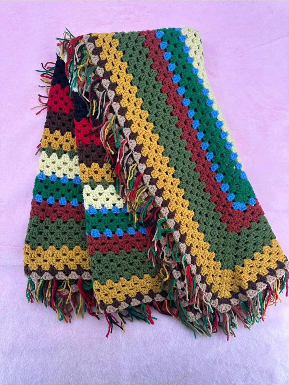 Handmade Multicolor Granny Square Crochet Afghan Blanket Fringe